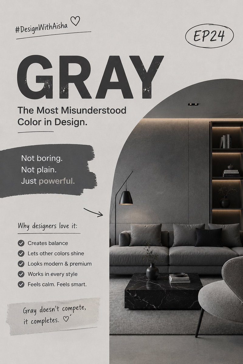 kaita_aisha's tweet photo. The most expensive-looking designs in the world all know one secret… they don’t rely on loud colors.
And somehow, the color people call “boring” is usually the reason they look so premium. 👀
Welcome to #DesignWithAisha EP24 — let’s talk about the quiet power of Gray 🧵✨ https://t.co/xnVjcvr7TM