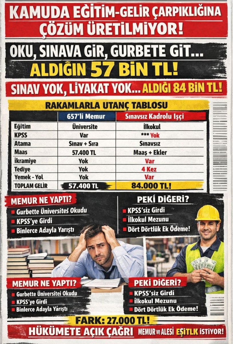 Mltykes's tweet photo. @ulvisaran @MemurSGK İŞÇİ çaycı avukattan,hemşireden, mühendisten, tercümandan; okullarda temizlikçi öğretmenden fazla maaş alıyor.
KAMUDA ÜCRET DENGESİ ADALETİ BOZULDU. KAMUDA HUZUR KALMADI. OKURSAN DEZAVANTAJLISIN! @isikhanvedat @_cevdetyilmaz @RTErdogan @edipuzen https://t.co/KHgfAIWelk