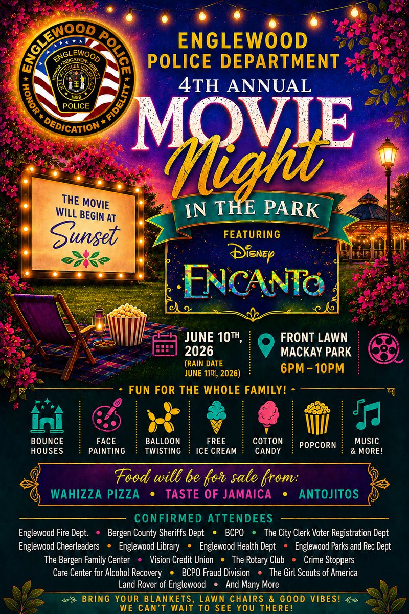 EnglewoodLR's tweet photo. The 4th Annual Movie Night is here! Join the Englewood Police Department for a family-friendly evening featuring Encanto. Proudly sponsored by Land Rover Englewood. Bring the family and enjoy a great night in the community. #LandRoverEnglewood https://t.co/44XoY0obh7