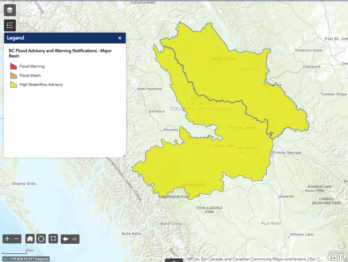 EmergencyInfoBC's tweet photo. The #BC River Forecast Centre (RFC) is maintaining a High Streamflow Advisory for Northern Interior, including:
• Lakes Region & tributary rivers around #BurnsLake, #FraserLake, #FortStJames & surrounding areas.
• Omineca incl. tributaries between #CityofPG & #MackenzieBC.
Stay clear of these fast-flowing rivers & potentially unstable riverbanks.
The RFC is ending the High Streamflow Advisory for Central Coast incl. the Atnarko River, Bella Coola River & surrounding tributaries.
More info: https://t.co/g9UG63BYFG #BCFlood