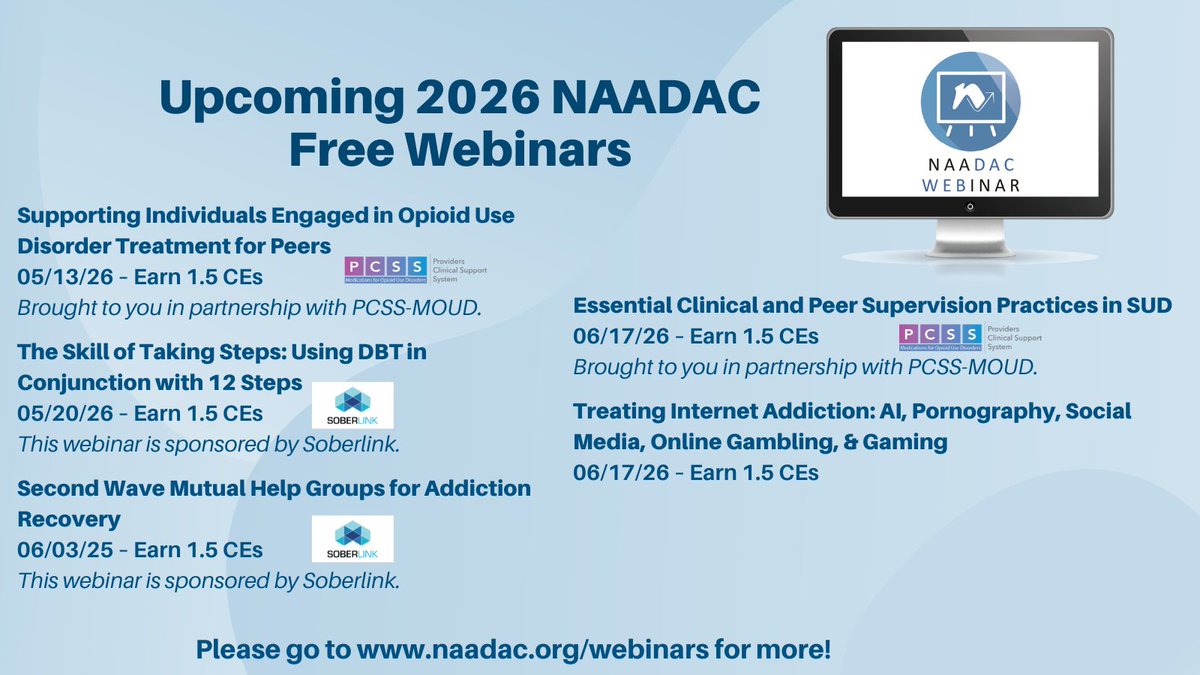 NAADACorg's tweet photo. Looking to expand your knowledge and earn CEs? NAADAC’s upcoming webinars cover a wide range of timely topics impacting addiction professionals today, including peer support, supervision, DBT and 12-step integration, behavioral addictions, recovery support models, and more.

Whether you are a counselor, peer specialist, supervisor, educator, or student, there’s something for everyone in our upcoming training lineup.

🎓 FREE to attend 
💻 Attend live from anywhere
📚 Earn continuing education credits

View the full webinar schedule and register today! 

https://t.co/oI08BCRp09