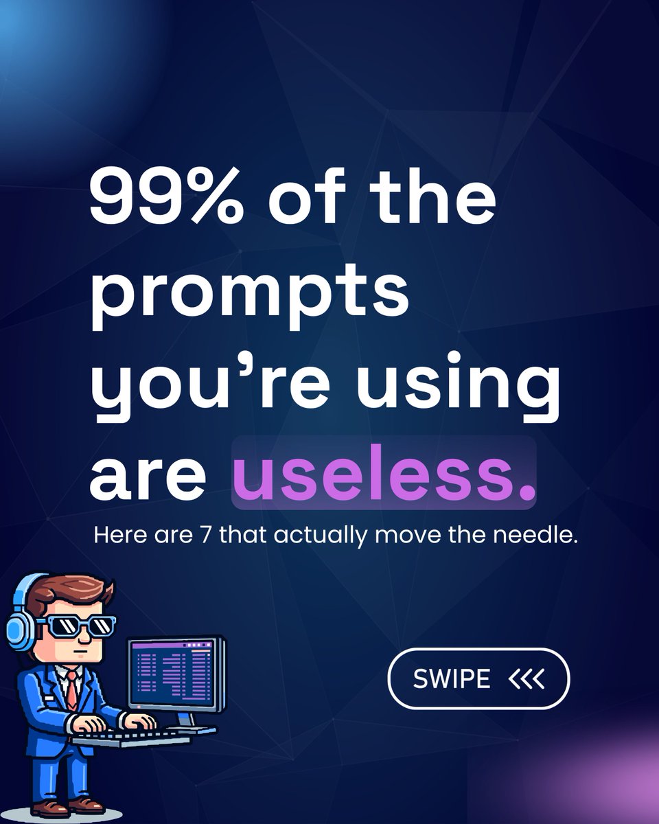 fiscedge's tweet photo. 99% of prompts are useless because people treat AI like Google.

Bad prompt:
“Is this a good idea?”

Better prompt:
“Score this idea across market size, willingness to pay, unfair advantage, distribution path and time to first revenue. Be harsh.”

AI rewards structured thinking.

Not random questions.