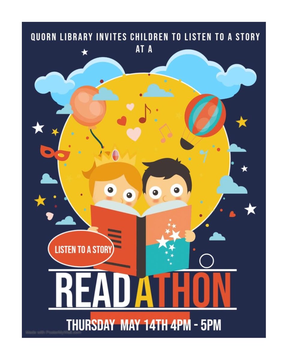QuornLibrary's tweet photo. Don’t miss our Children’s Readathon event! This Thursday 4-5pm. 

They can bring their own favourite book to read aloud or can listen to us reading from our favourite. https://t.co/os1FRbGd4j