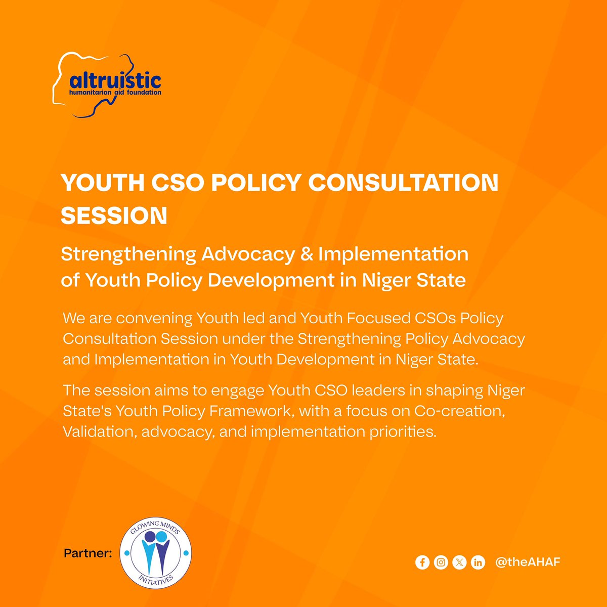 theAHAF's tweet photo. Youth Voices. Youth Action. Youth Policy.

AHAF is convening youth-led &amp; youth-focused CSOs in Niger State to co-create and drive implementation of inclusive youth policies. 
Because young people should shape the policies that affect them. 
#YouthPolicy #NigerState https://t.co/f0UaeuQuYZ