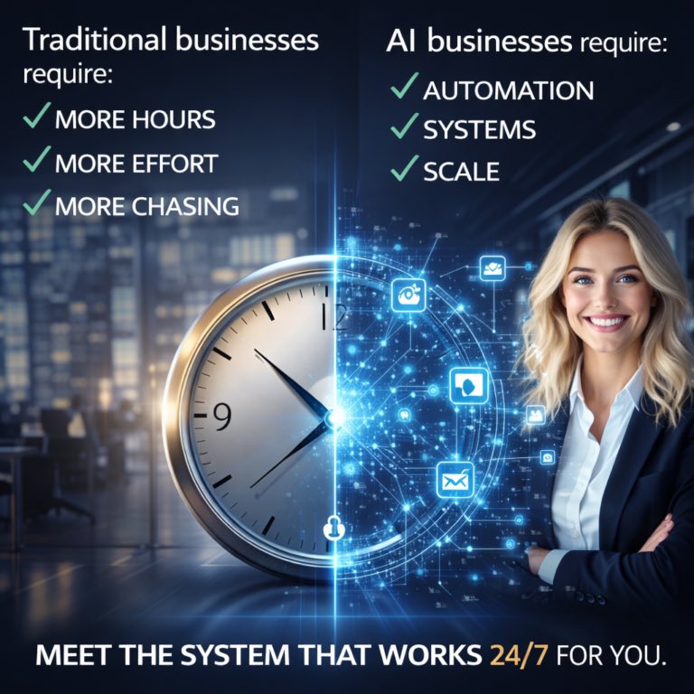 RaymondMerritt's tweet photo. Traditional businesses require:

More hours
More effort
More chasing

AI businesses require:

Automation
Systems
Scale
Meet the system that works 24/7 for you.

https://t.co/ec9nf2KBiO

#AutomationEconomy #AIbusinessmodel #OnlineSuccess #SmartBusiness https://t.co/d1cbrXEiZX