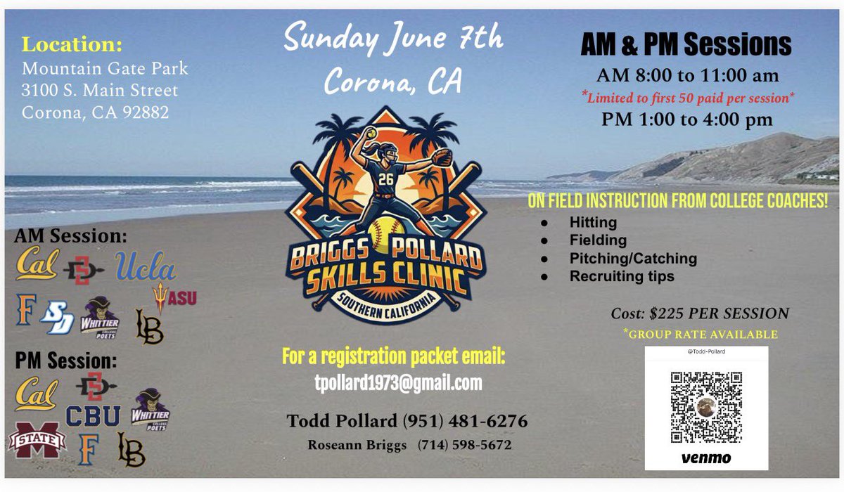 ToddPollard8's tweet photo. One of So Cal’s top travel ball coaches Ken Briggs @coachbriggze and myself are teaming up to host an elite skills clinic!

🗓️ Sunday, June 7
📍 Corona, CA

⏰ 8-11am
OR
⏰ 1-4pm

✅ All colleges confirmed!

Register via Email:
tpollard1973@gmail.com https://t.co/lEdBkTxr4C