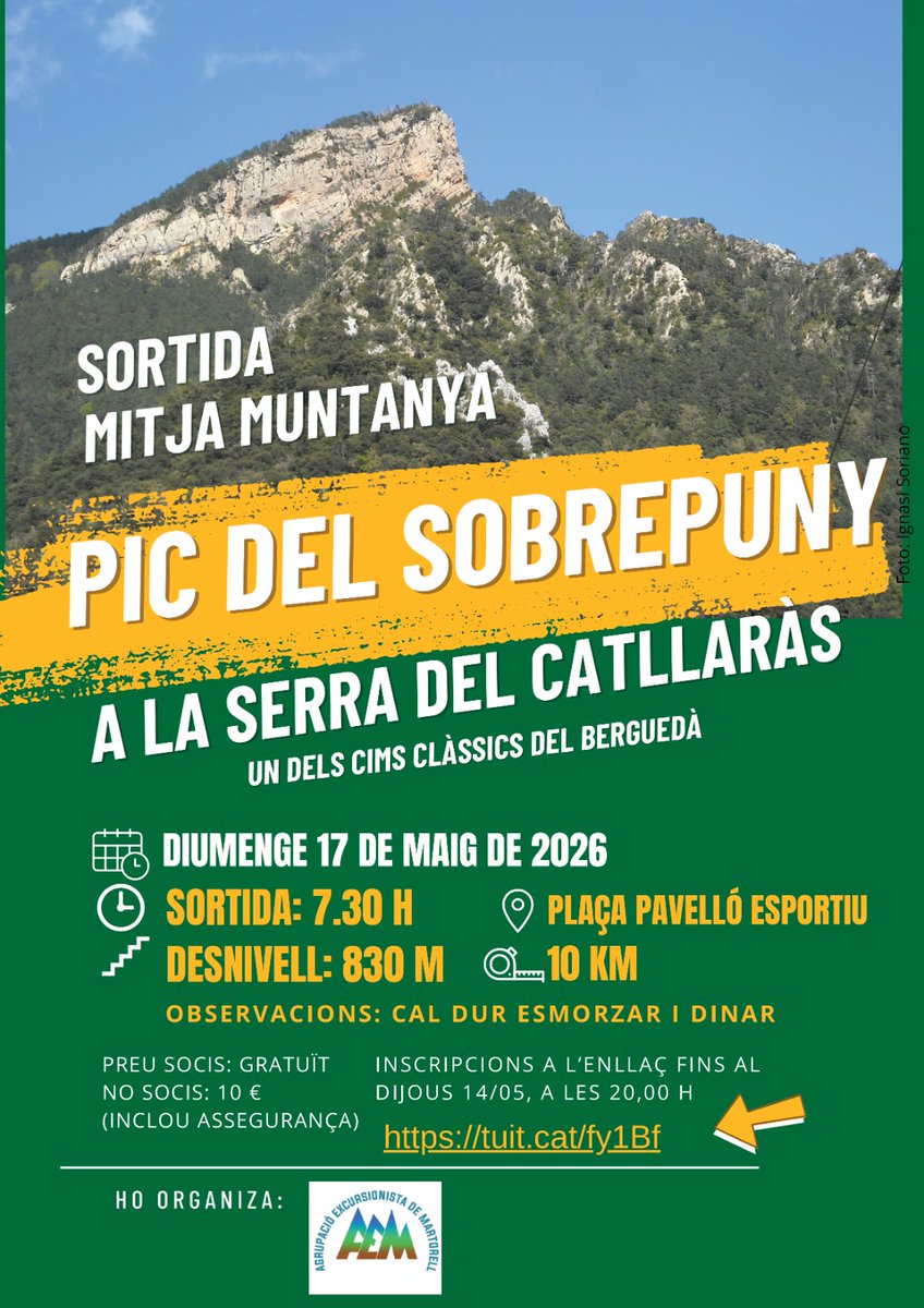 AEMartorell's tweet photo. 🥾 Fins aquest dijous 14 (20.00h) sou a temps d'apuntar-vos a la sortida de mitja muntanya al Pic del Sobrepuny (Berguedà), de 10 km de longitud i 830m de desnivell. 

📅 Diumenge, 17 de maig. 
🕐 07.30 h.
📍Pavelló Esportiu

Inscripció aquí: https://t.co/O0hswAtNvn https://t.co/iNkxe78k5g