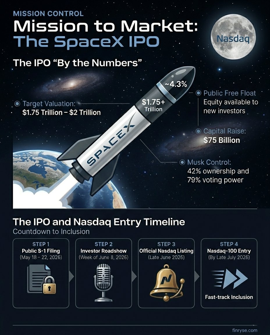 FinRyse's tweet photo. 🚀 The countdown to the largest IPO in history has begun. 
SpaceX is officially targeting a $1.75T–2T valuation.
But the real story is the "Fast-Track" Nasdaq entry. 
We have analysed what this could mean for investors (in comment).
Check out our breakdown below. 👇 #SpaceX #IPO #Nasdaq100 #ElonMusk #FinRyse