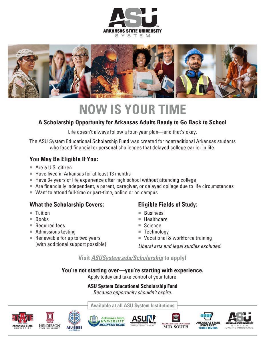 ASUSystem's tweet photo. New @ASUSystem Educational Scholarship Fund targets nontraditional adult students in Arkansas. #nowisyourtime https://t.co/UdlUl8KUyU https://t.co/hgoN1IHARo