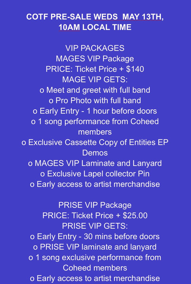 Nevixd's tweet photo. Saw some discourse about VIP for shows being expensive… and bands not even participating in the offerings.

May I introduce to you: @Coheed. Fairly priced, high quality VIP options, you get more live music, plus, the crew and band behind Mage &amp; Prise are super kind/thoughtful. https://t.co/M5ZG5DVY15