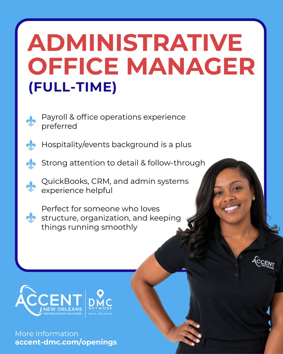 accentdmc's tweet photo. We’re growing! 📈

ACCENT New Orleans is hiring for 2 full-time, in-office roles in Mid-City:

📍 Event Coordinator
📍 Administrative Office Manager

Swipe for highlights + full details/apply here:
🔗 https://t.co/93b5CiIUb1

Know someone who’d fit? Tag them
#Hiring #EventProfs https://t.co/wwEwyXmzP9