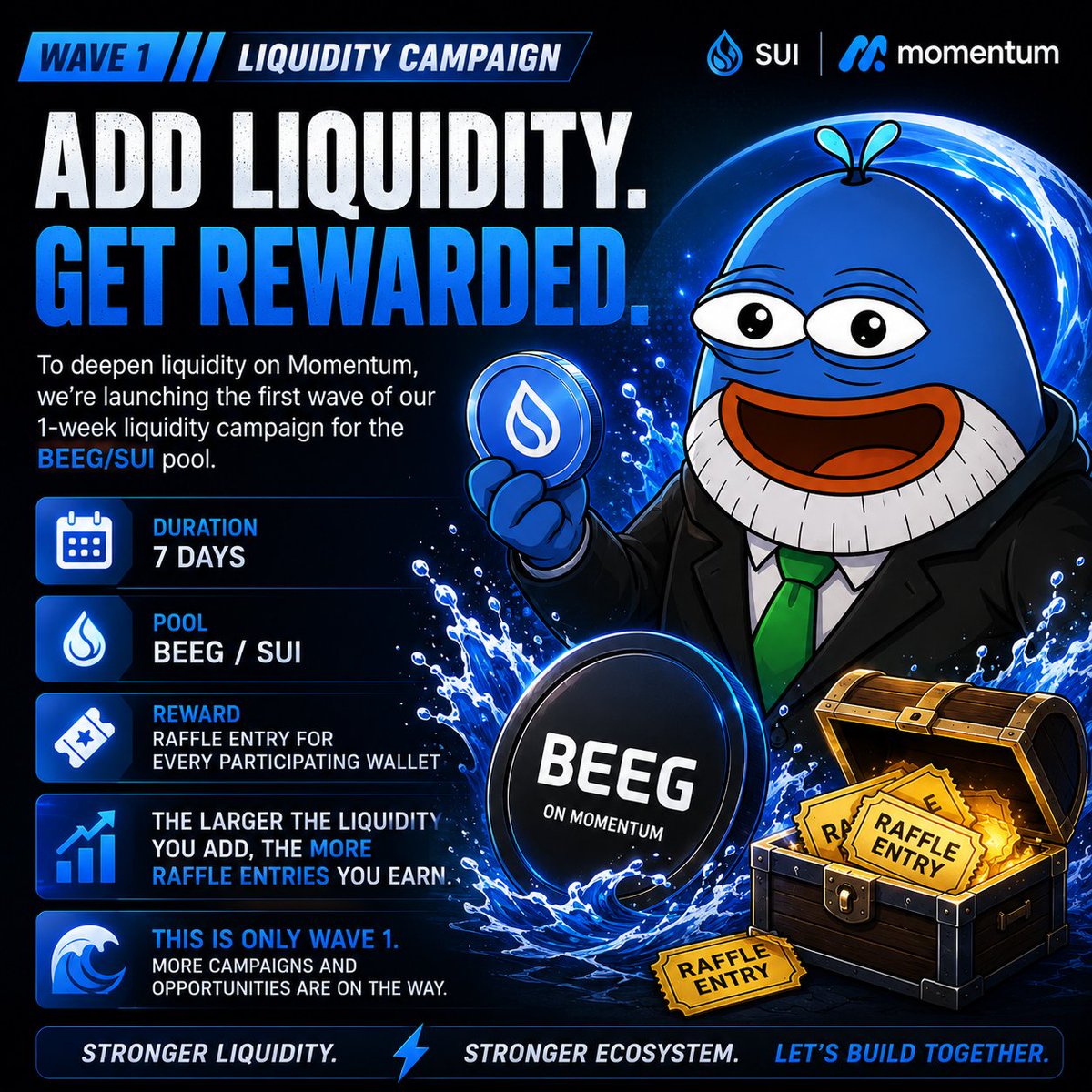 BeegBlue's tweet photo. Liquidity Campaign Incoming 🥂

To deepen liquidity on @MMTFinance, we’re launching the first wave of our 1-week liquidity campaign for the BEEG/SUI pool. 🌊

Every wallet that adds liquidity to the BEEG/SUI pool on @MMTFinance will automatically qualify for a raffle draw. 🎁

🗓 Duration: 7 Days
💧 Pool: BEEG/SUI on @MMTFinance
🎟 Reward:Total 100$ for 5 peoples

➕ The larger the liquidity you add, the more raffle entries you earn.

This is only Wave 1. More campaigns and opportunities are on the way. ⚡

The more active the pool becomes, the stronger the ecosystem grows. Let’s build together