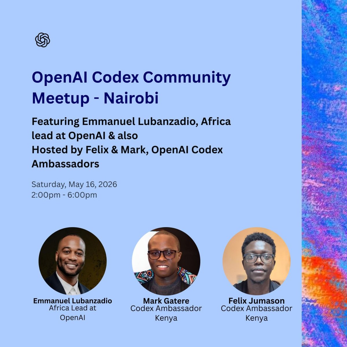 blackie_360's tweet photo. Guess who I’m hosting at ALX Nation Centre this Saturday? 👀

@elubanzadio53, Africa Lead at OpenAI, is joining us for the OpenAI Codex Meetup – Nairobi.

We’ll talk @OpenAI  in Africa, Codex &amp; AI-assisted coding.

Co-hosting with @gatere_mark

RSVP: https://t.co/oiJG9vDtnt https://t.co/dP2nA8GoyN