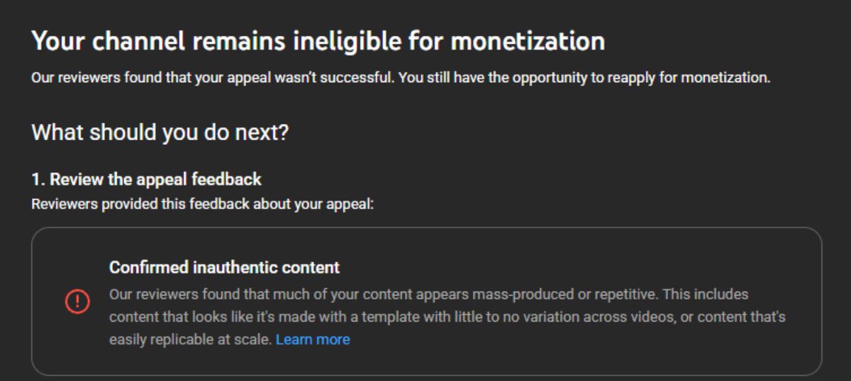 joseph_so_fly's tweet photo. My YouTube channel has been demonetized for “inauthentic content” for over 30 days, despite all content being original and highly transformative.

Every video is heavily edited, takes significant time and effort to produce, and includes unique intros, outros, pacing, and creative elements. This is not reused or low-effort content.

I submitted an appeal video explaining my editing process and how the content is created, but it appears the appeal was automatically denied without being properly reviewed.

I’m simply asking for a fair manual human review from the YouTube monetization team.

Creators deserve transparency and genuine human review when livelihoods and businesses are affected.

@TeamYouTube @YouTube @YouTubeCreators
