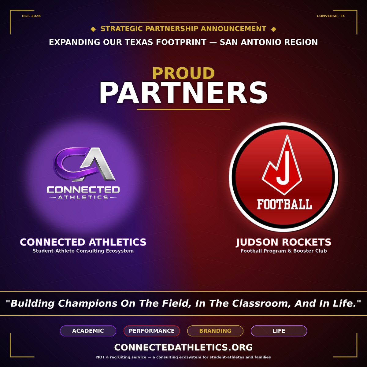 connectedathUSA's tweet photo. Official. 🚀

@connectedathUSA is now partnered with @JudsonRocketFB, one of the most decorated programs in Texas HS football history.

6x state champions. Generations of NFL talent. And now, real recruiting infrastructure for every Rocket family under the new direction of @Coach_Hughes2.

Let's work.

For more information go to https://t.co/Egxf9Ccdv9 or contact me directly at awilliams@connectedathletics.org

#RocketPride #JudsonFootball #TXHSFB #ConnectEDAthlete #Athleticconsulting #AthleteJourney