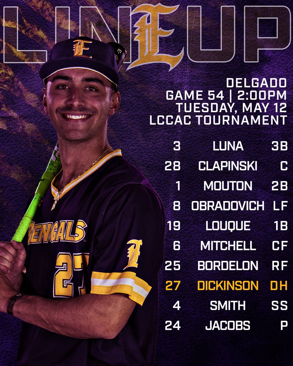 LSUEBengalsBSB's tweet photo. It's GEAUX Time! LSU Eunice and Delgado square off for the LCCAC/Region 23 Tournament Championship in a Tuesday matinee from metro New Orleans.  Here's our starting lineup for the 2:00PM first pitch, watch on TSBN Sports.

#DDCS
#GeauxBengals

Stream Link: https://t.co/mtErbSnx3L https://t.co/OVQMm4h5hs