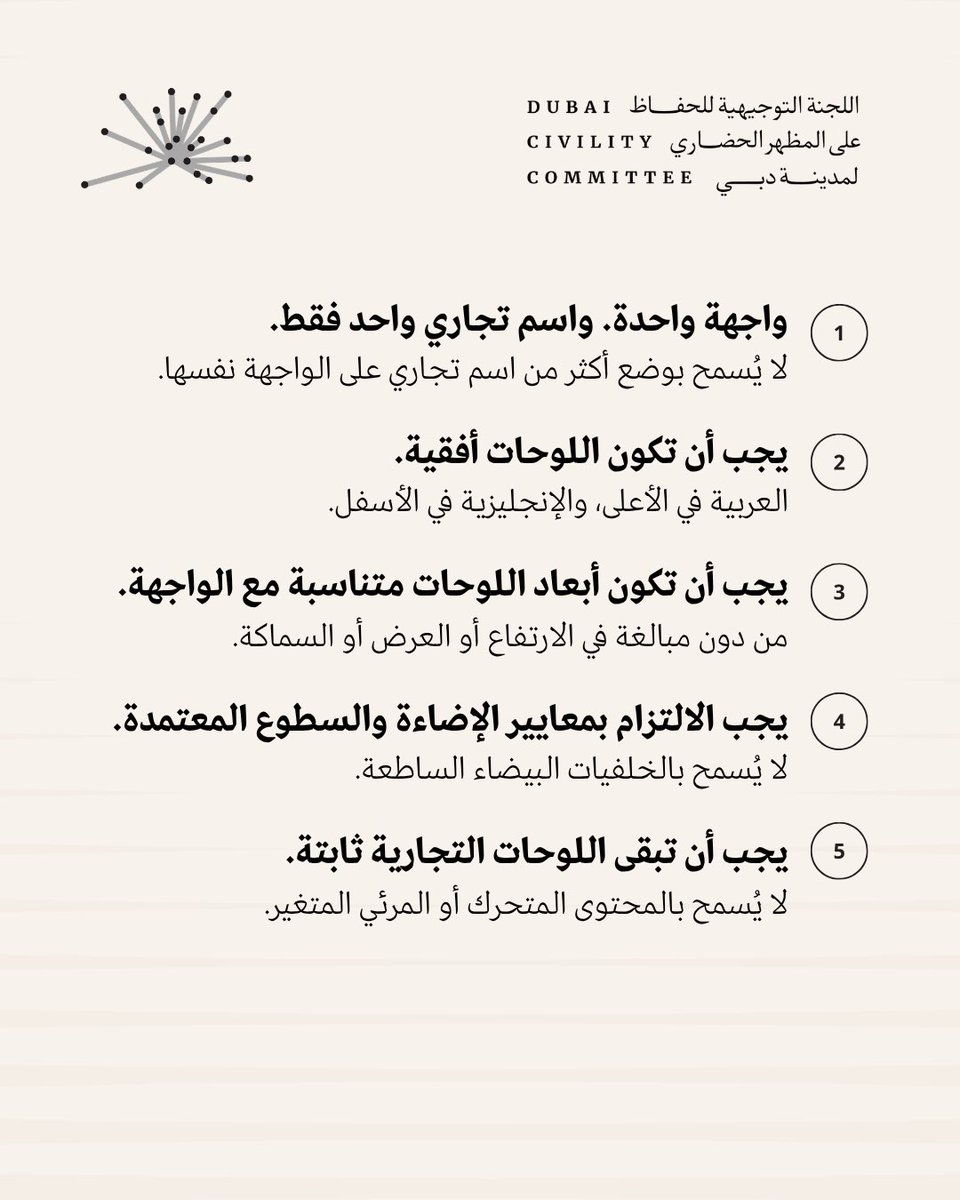 dubaicivility's tweet photo. تواصل دبي تنظيم اللوحات التجارية على واجهات المحلات لدعم الانسجام البصري في المدينة، والحد من التلوث البصري، والمحافظة على المعايير الحضرية.

Dubai continues to regulate commercial storefront signage to support visual harmony across the city, reduce visual clutter, and maintain clear civility standards.