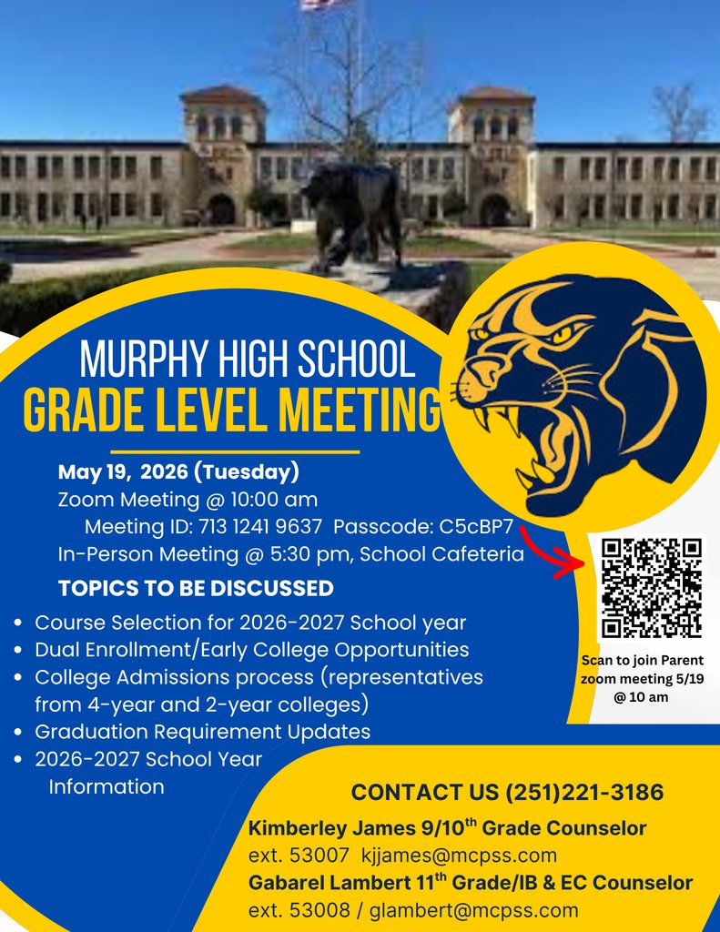 PanthersMurphy's tweet photo. We will be hosting grade level meetings for rising 10th/11th grade students and parents on Tuesday May 19th.  There will be a morning zoom meeting at 10:00 and an in-person meeting that evening at 5:30 pm in the cafeteria. https://t.co/LX0ErpdA6Q