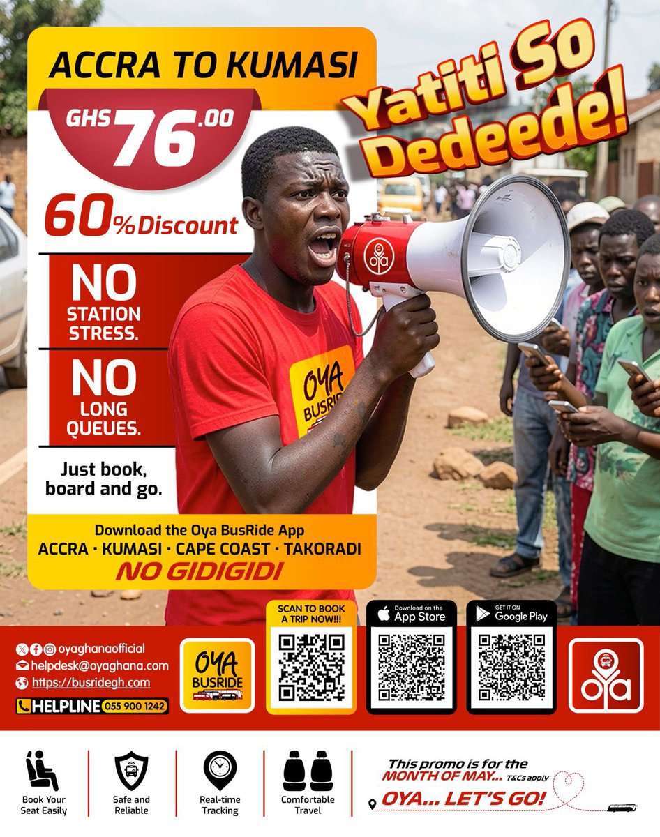 OyaBusRide's tweet photo. Travel for Less This May.

Enjoy 60% OFF Oya BusRide and travel from
Accra to Kumasi for just 76 Cedis.

Comfortable buses.
Easy booking.
Real-time tracking.

Just download the app, choose your pickup point and ride. #oya #BusRide #AccraKumasi #nogidigidi #techintransport https://t.co/zZ8y7WS63T