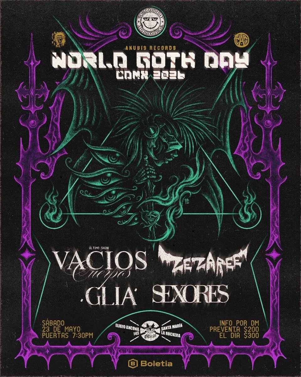 multiforoalicio's tweet photo. Anubis Records
Presenta
World Goth Day
CDMX 2026

Vacíos Cuerpos
Zezaree
Sexores
Glia Darkpop

Sábado 23 de mayo de 2026, 19:30 Hrs
Preventa $200.00

Multiforo Alicia
Eligio Ancona 145
Santa Maria La Darky https://t.co/NSJnyPzWme
