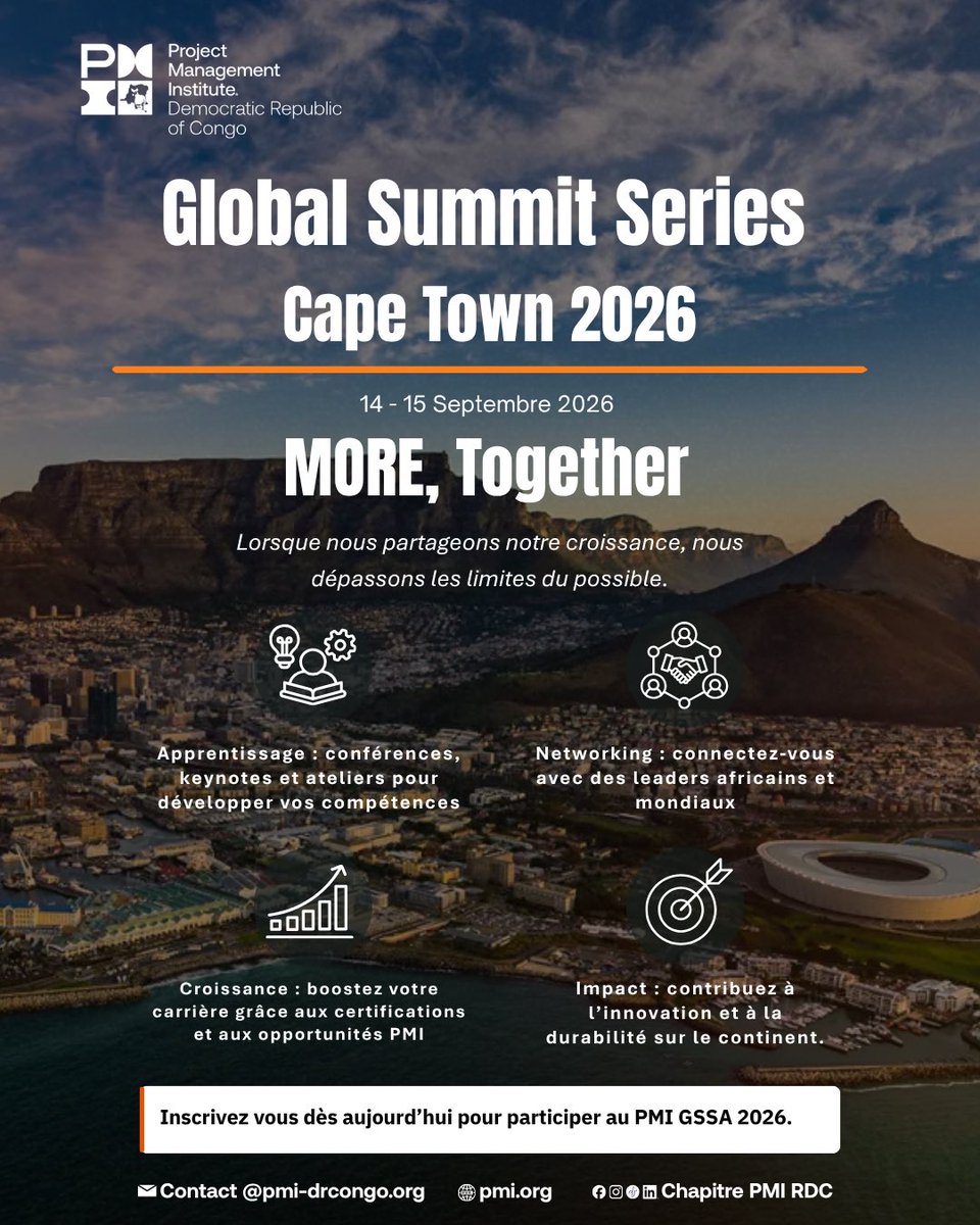 pmidrc's tweet photo. Cap sur Cape Town🇿🇦

Les 14 et 15 septembre prochains, l'Afrique du Sud accueillera le Global Summit Series Africa 2026. Plus qu'un simple événement, c'est le point de rencontre où se dessinent les futures transformations de notre continent.

Le Chapitre PMI RDC prépare une délégation pour vivre cette expérience unique faite d’apprentissage, de networking, d’opportunités et d’échanges avec des experts internationaux.

Que vous soyez membre PMI ou non, chef de projet, entrepreneur, étudiant ou simplement ambitieux pour votre avenir professionnel, ce sommet est une occasion de grandir, élargir votre réseau et découvrir les nouvelles tendances qui façonnent les projets en Afrique. 🌍

📌Réservez directement votre place : https://t.co/aizpyGzFRN

📌Vous souhaitez faire partie de la délégation du PMI RDC? Veuillez rempli ce formulaire : https://t.co/bo4YJW5Y0g

Le futur de nos projets se construit maintenant.

#PMIGlobalSummitAfrica #PMIRDC #LeadershipAfricain #ProjectManagement #CapeTown2026 #PMIElengi