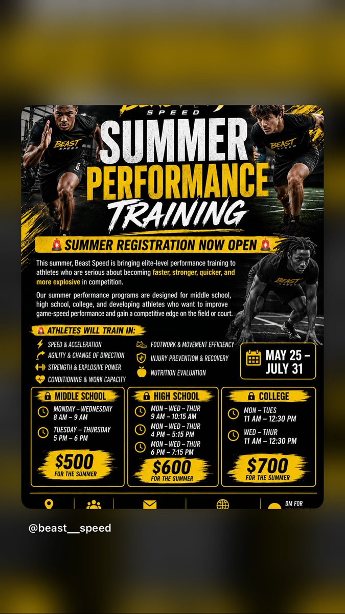 beast__speed's tweet photo. 🚨SUMMER REGISTRATION NOW OPEN 🚨

🔥 Athletes will train in:
•Speed 
•Change of Direction
•Strength
•Conditioning
•Footwork
•Injury Prevention 
•Nutrition Evaluation

📅 May 25 – July 31

📧 beastspeed360@outlook.com
🌐 https://t.co/zicpCWcHBH https://t.co/DddyNlyqhp