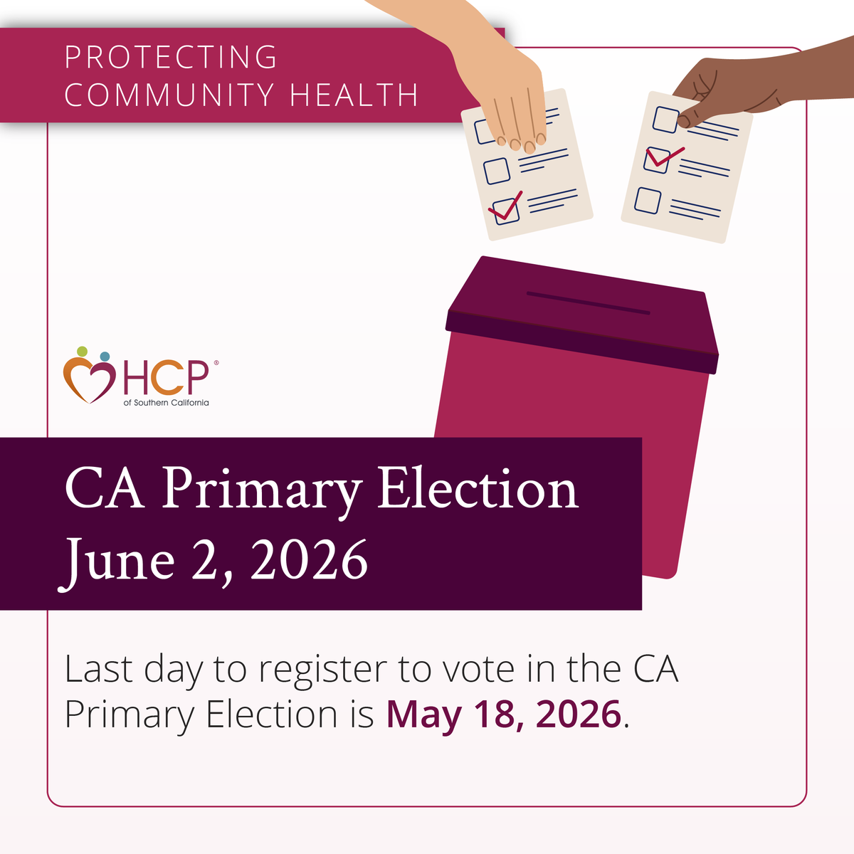 HCPSoCal's tweet photo. If you still need to register to vote or update your information, now is the time to act. 

Get registered by May 18.

Register to vote here: https://t.co/z9Ke0lfF2K

@cpcaadvocates

#DeadlineReminder #VoteReady #CaliforniaElection #CivicParticipation #YourVoiceCounts https://t.co/w1WoovsYcq