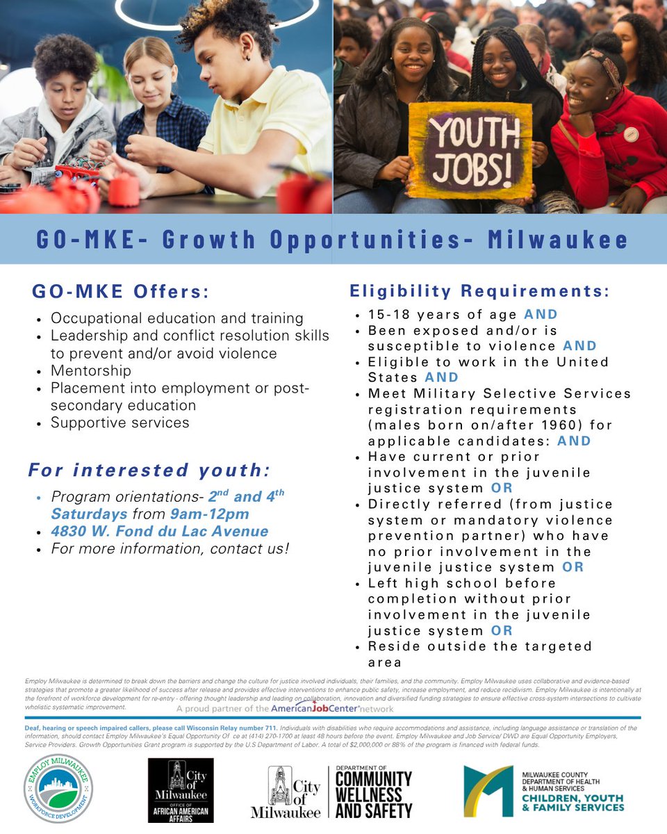 EmployMilwaukee's tweet photo. Growth Opportunities (GO MKE) provides skills, support, and opportunities to youth and young adults 15- 18 who are at a high risk of involvement in violence. Interested? Apply here:🔗https://t.co/qTLi3tGTCb
#youthprogram #milwaukee #GOMKE https://t.co/KxeCdcy1TA