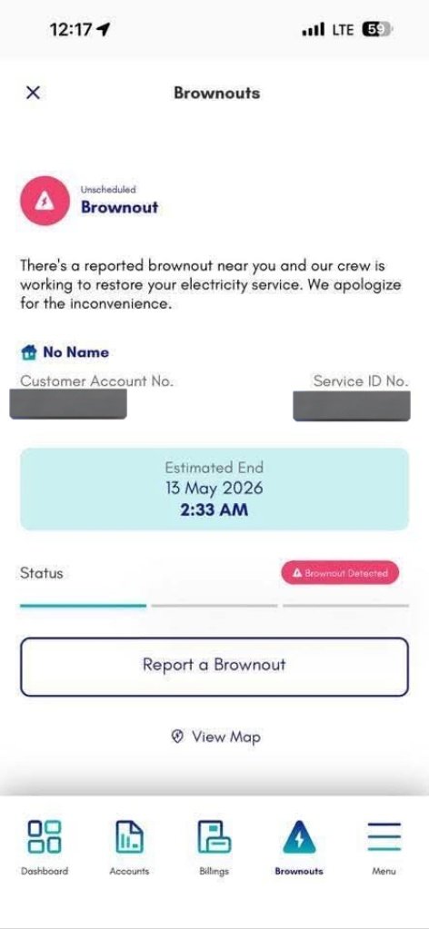 chilimcnuggies's tweet photo. @meralco 3 hours na pong walang kuryente dito sa Fortunata Village Sucat Parañaque. Though, the estimated time of fix is 2:33am of May 13, 2026. https://t.co/CA2NPTfGIK