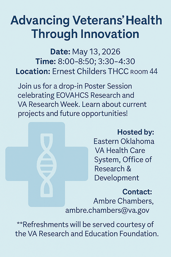 EasternOKVA's tweet photo. 📝2026 National VA Research Week

Every year VA dedicates a week to celebrate its recent accomplishments in health science research, and in 2026 National VA Research Week is scheduled to be observed from May 11-15 at VA facilities nationwide. Whereas last year VA celebrated the centennial anniversary of VA Research, the 2026 theme is Launching into the Future of Veterans’ Care, as VA turns its focus to bringing about the next century of medical discovery and innovation. 🧪 🔬 👩🏻‍🔬 ⚗️

Read more here: https://t.co/rYKYFN5Ozk
