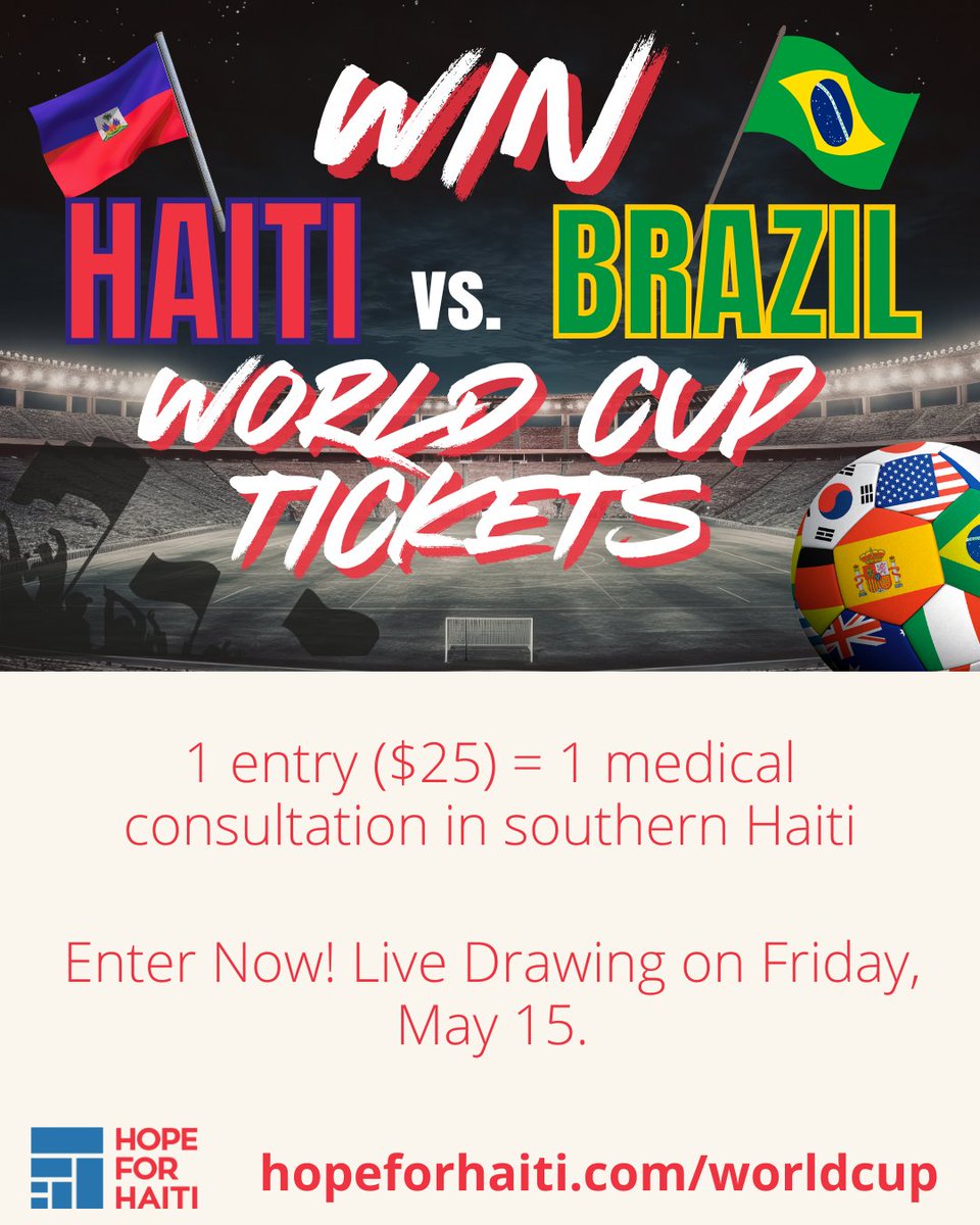 HopeforHaiti's tweet photo. Time is running out! Enter to win your tickets to the #Haiti vs. Brazil World Cup match in Philly, plus airfare, now. Every entry supports access to high-quality healthcare in southern Haiti: https://t.co/8DaQOy6ihw

#WorldCup https://t.co/uu9sQE7vXi