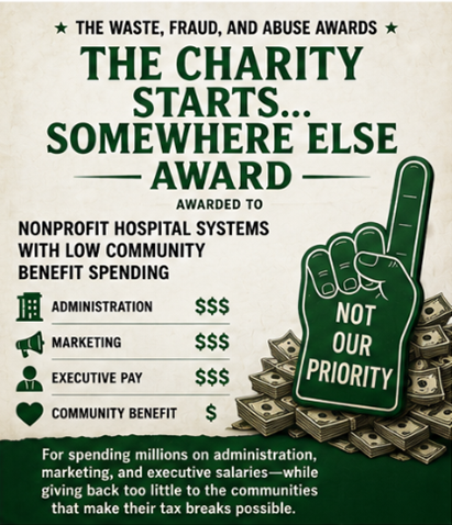 HospFactCheck's tweet photo. Our third #WasteFraudandAbuse award is the “Charity Starts…Somewhere Else” Award

Nonprofit systems like Ascension Health receive significant tax advantages, yet face scrutiny over limited community spending and aggressive billing practices. Accountability matters. https://t.co/ZWoau55Upx