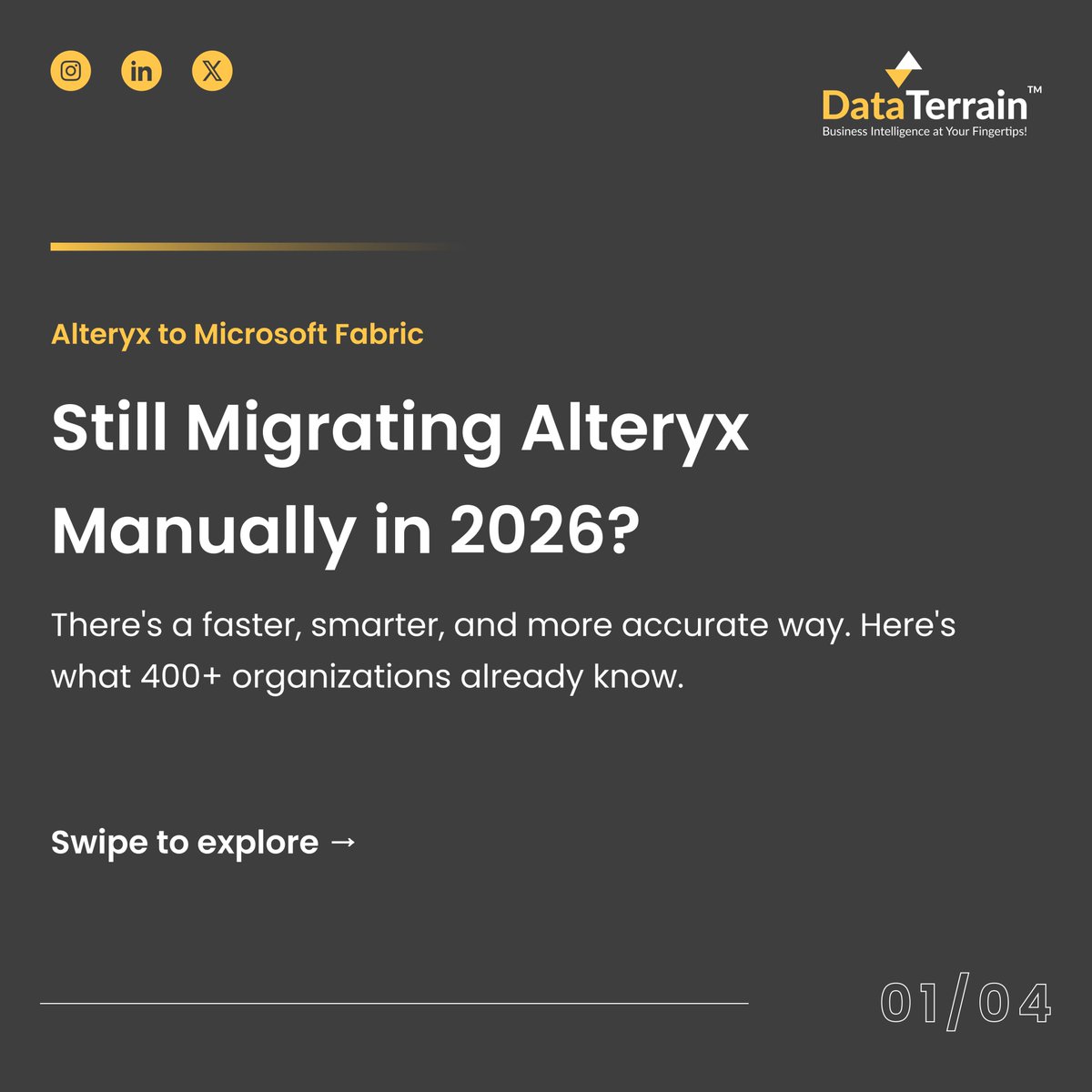DataTerrain's tweet photo. Speed. Accuracy. Zero disruption.

That is what a structured Alteryx to Microsoft Fabric migration looks like.

Request your Free POC today: https://t.co/ssUC8mTYXq

#MicrosoftFabric #Alteryx https://t.co/mK7eGgGk5g