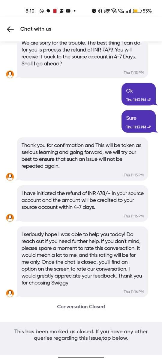 ajitkoshti's tweet photo. Order issue reported. Exec said refund will be processed. 11 days later: no credit to my account, emails ignored. This is unacceptable. Need immediate resolution. Screenshots attached.
@Swiggy @SwiggyCares @swiggydineout @WeAreSwiggy https://t.co/IFe33b5Hwm