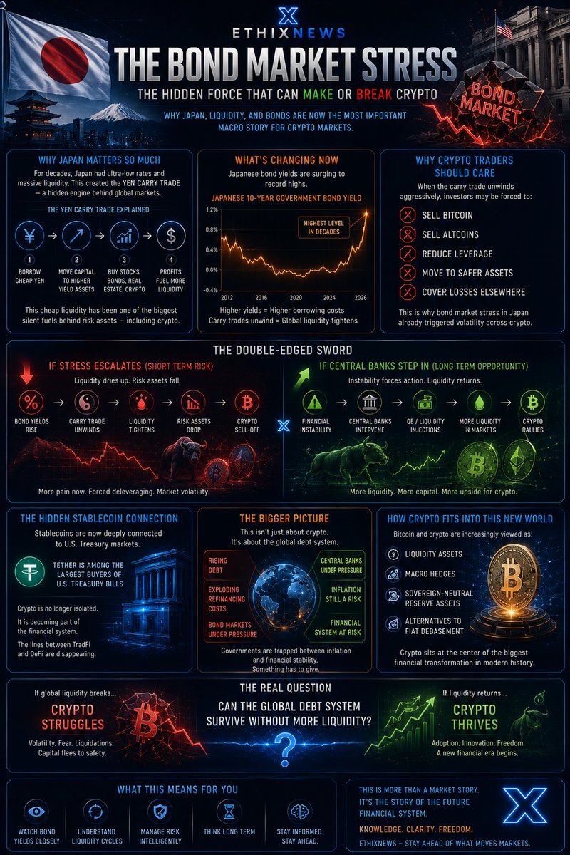 EthixArena's tweet photo. 1/5

Crypto traders are watching candles.

Institutions are watching bond markets.

And right now…

the global bond market may be one of the biggest forces shaping the future of crypto.

Especially Japan.

Because beneath every major rally, crash, and liquidity wave…

there’s usually a macro engine driving it.

Most people just never see it.