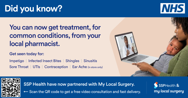 HealthSsp's tweet photo. There are 7 conditions your local pharmacist can treat:- impetigo, infected insect bites, shingles, sinusitis, sore Throat, UTIs, contraception &amp; ear ache.
@SSPHealth has partnered with @MyLocalSurgery offering FREE same-day video consultations  Book here: https://t.co/SW4qijWt3G https://t.co/b6H7TsG793