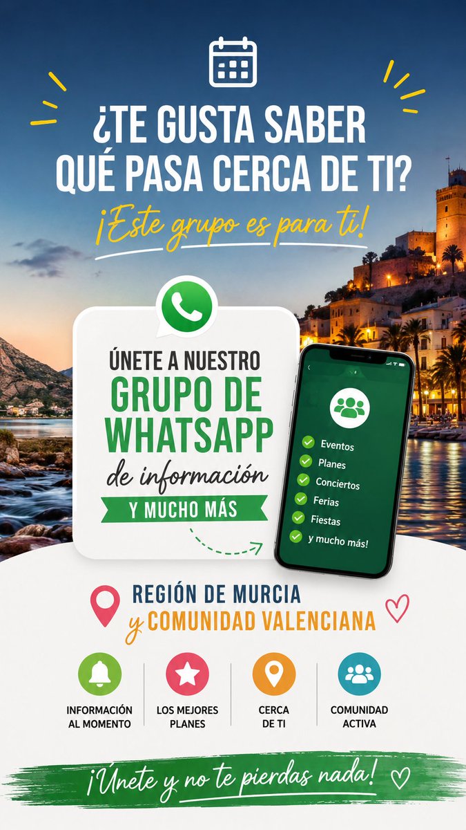 conciertosmur's tweet photo. ÚNETE A NUESTRO GRUPO DE WHATSAPP Y ENTÉRATE DE TODO #regiondemurcia y #ComunidadValenciana 

#sanpedrodelpinatar #sanjaviermurcia #losalcazares #cartagenamurcia #alicante #torrevieja #orihuela #murcia #valencia https://t.co/McvYzR4aoc