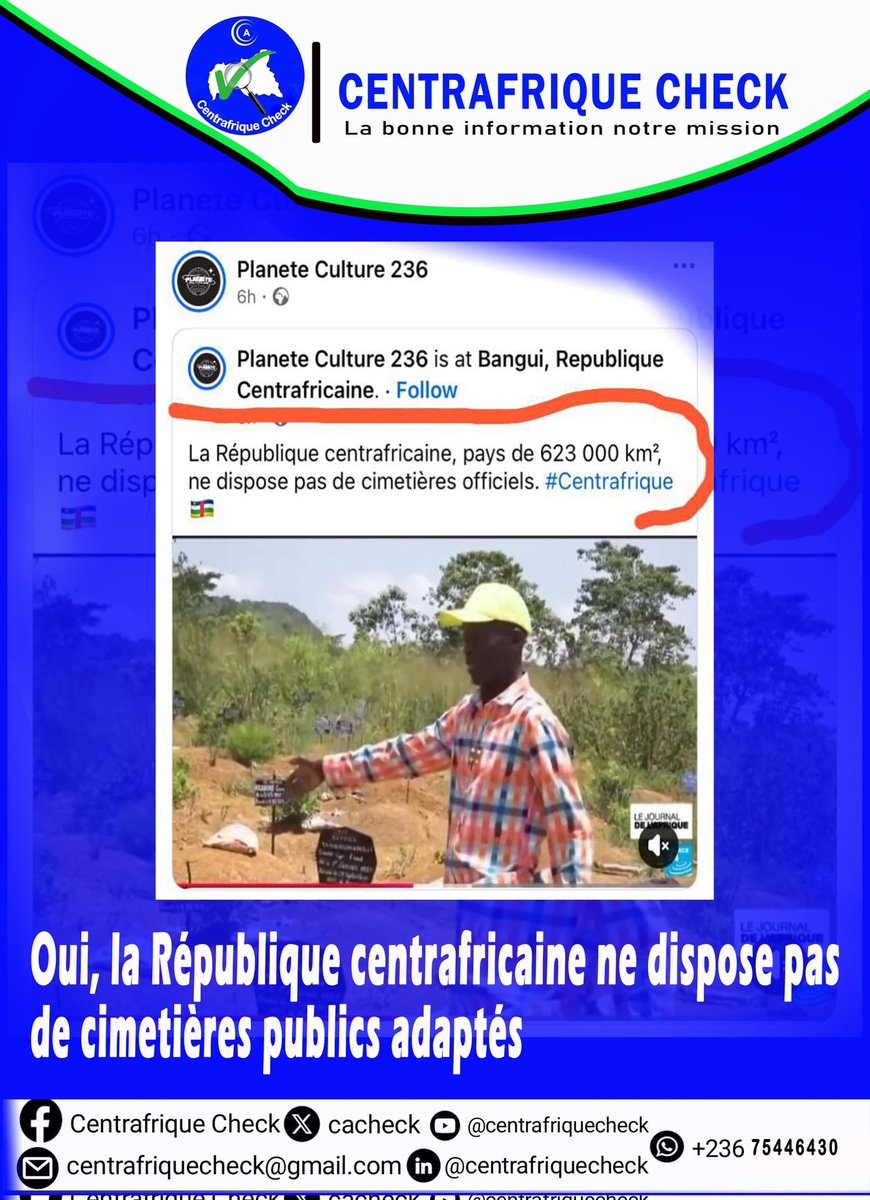 CacCheck's tweet photo. La #RCA ne dispose pas de cimetières publics adaptés 

Plusieurs familles peinent à trouver des espaces d’inhumation adaptés, relançant les débats sur le renforcement des infrastructures funéraires.

➡️Lire l’article complet ⤵️ 
https://t.co/zurt9nEuXG https://t.co/9rsAXjsBox