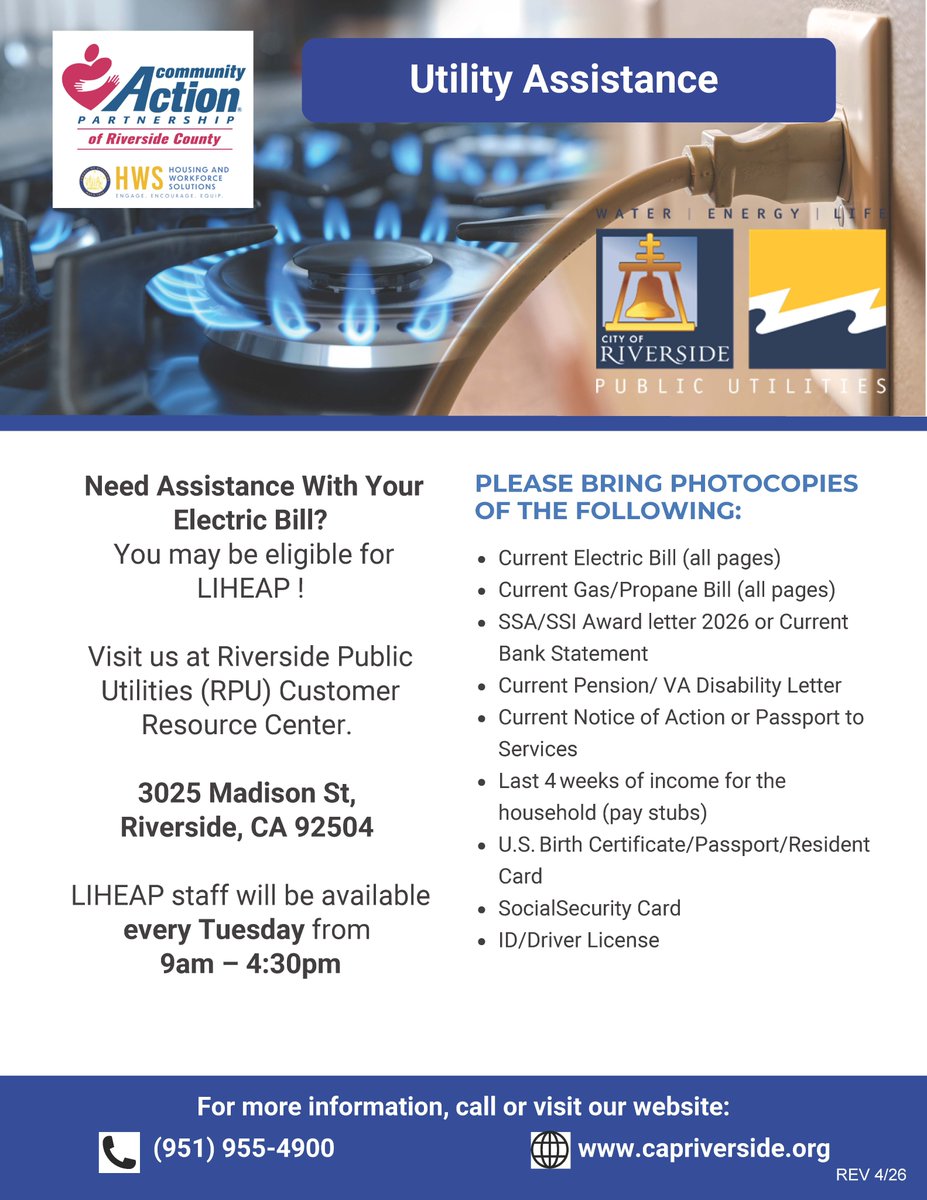 caprivco's tweet photo. 📢 Attention City of Riverside utility customers! Need help paying your electric or gas bill? You may qualify for assistance. Stop by today and speak with our team on Tuesdays, 9am-4:30pm at the Riverside Public Utilities Customer Resource Center at 3025 Madison St., Riverside. https://t.co/Fwk0GkbUtC