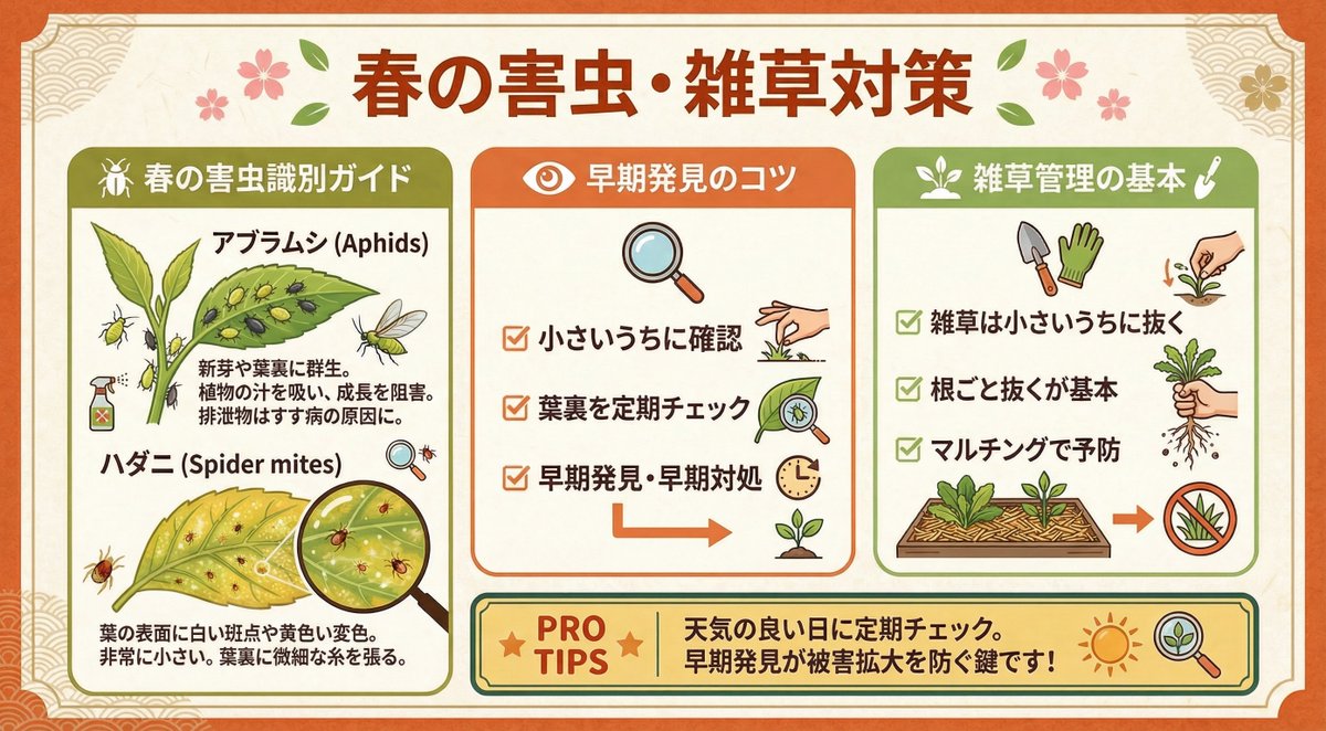 HyponexJP's tweet photo. ⚠️ 春の庭の天敵、見逃していませんか？

気温が上がると一気に増える害虫たち

🐛 アブラムシ → 新芽の先端に密集。見つけたら早めに除去
🕷️ ハダニ → 葉の裏に白い点。水で洗い流す
🐌 ナメクジ → 夜間に活動。夕方の水やりを避ける

元気な植物は害虫に強い！

リキダスで活力を高めて、病害虫に負けない庭を作りましょう💪

#害虫対策 #ガーデニング