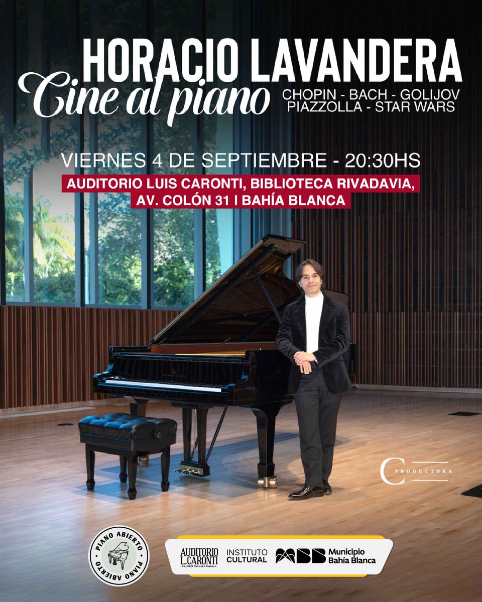 HLavandera's tweet photo. Bahía Blanca 
Auditorio Caronti, Biblioteca Rivadavia 
4 de septiembre 2026 20:30

En este programa, el piano se convierte en un puente entre dos mundos: el de la música clásica y el cinematográfico.

@celoriaprodu https://t.co/GWuEiAurtI