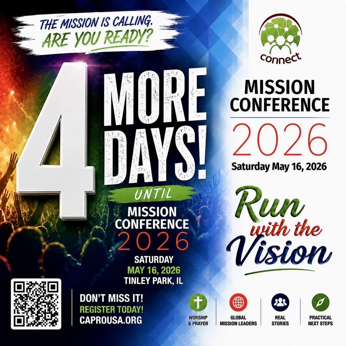 CAPROUSA's tweet photo. 4 more days until lives are stirred, faith is strengthened, and vision becomes action.

God is still calling people to go.
Will you answer?

Mission Conference 2026
May 16 • Tinley Park, IL https://t.co/1nbHN3zNpZ