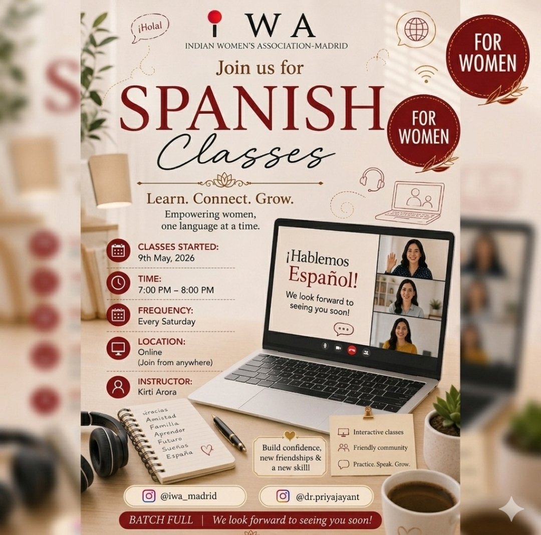 Kirti_spanish's tweet photo. What a delight to impart Spanish classes to Indian women in Spain.

Heartfelt thanks to Indian Women's Association (IWA), Madrid for this opportunity to support Indian women gain Spanish fluency &amp; thrive in Spain 🩷 https://t.co/gHnnGpxdlW