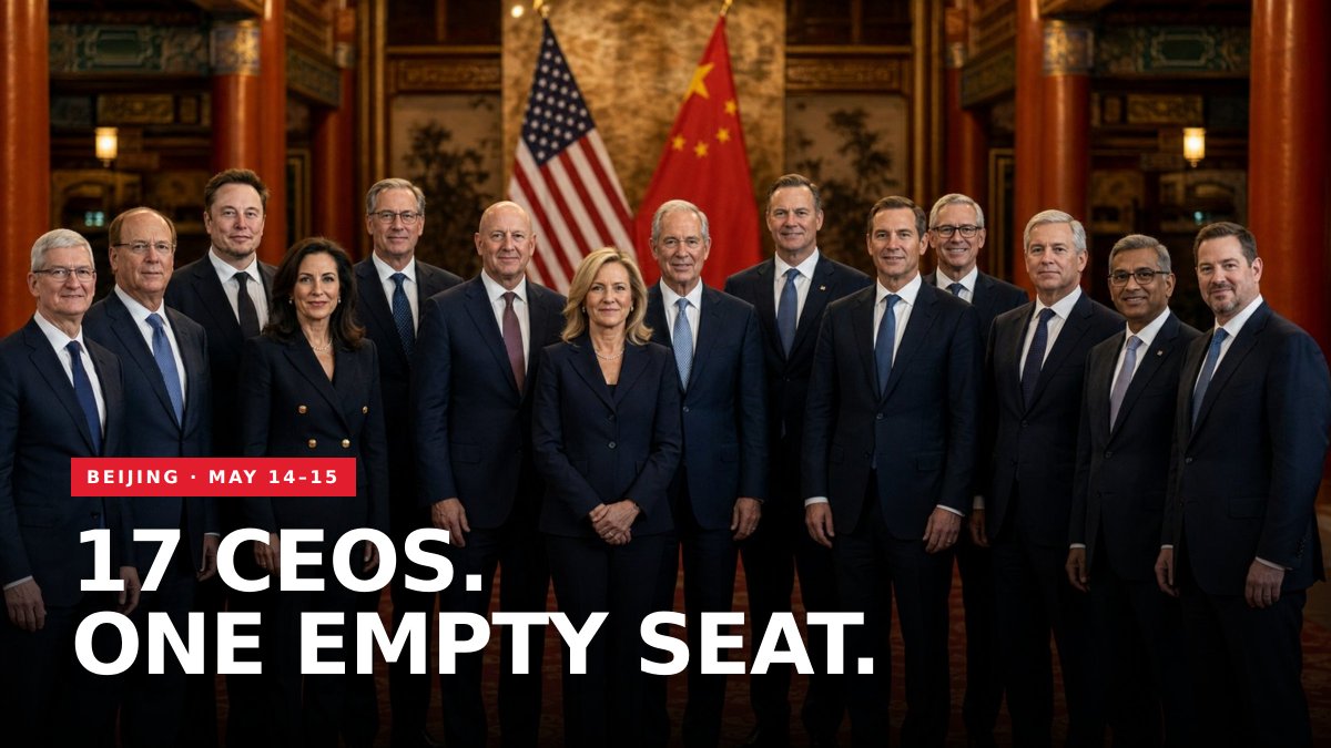 cryptonick222's tweet photo. 17 American CEOs just got invited to Beijing with Trump 👀

Apple, Tesla, BlackRock, Boeing, Goldman, Citi, Visa, Mastercard, Qualcomm, Micron, GE, Meta, Blackstone, Illumina, Coherent,  all on the plane.

Same week:

→ Anthropic refused a Chinese think tank request to access Claude Mythos
→ H200 and Blackwell export controls back on the table

Everyone else is allowed to negotiate with Beijing. The chips and the models are not for sale.

Jensen Huang ($NVDA, the man at the center of the U.S.–China chip war) was not invited.

Who else got left off this list on purpose? Drop names 👇