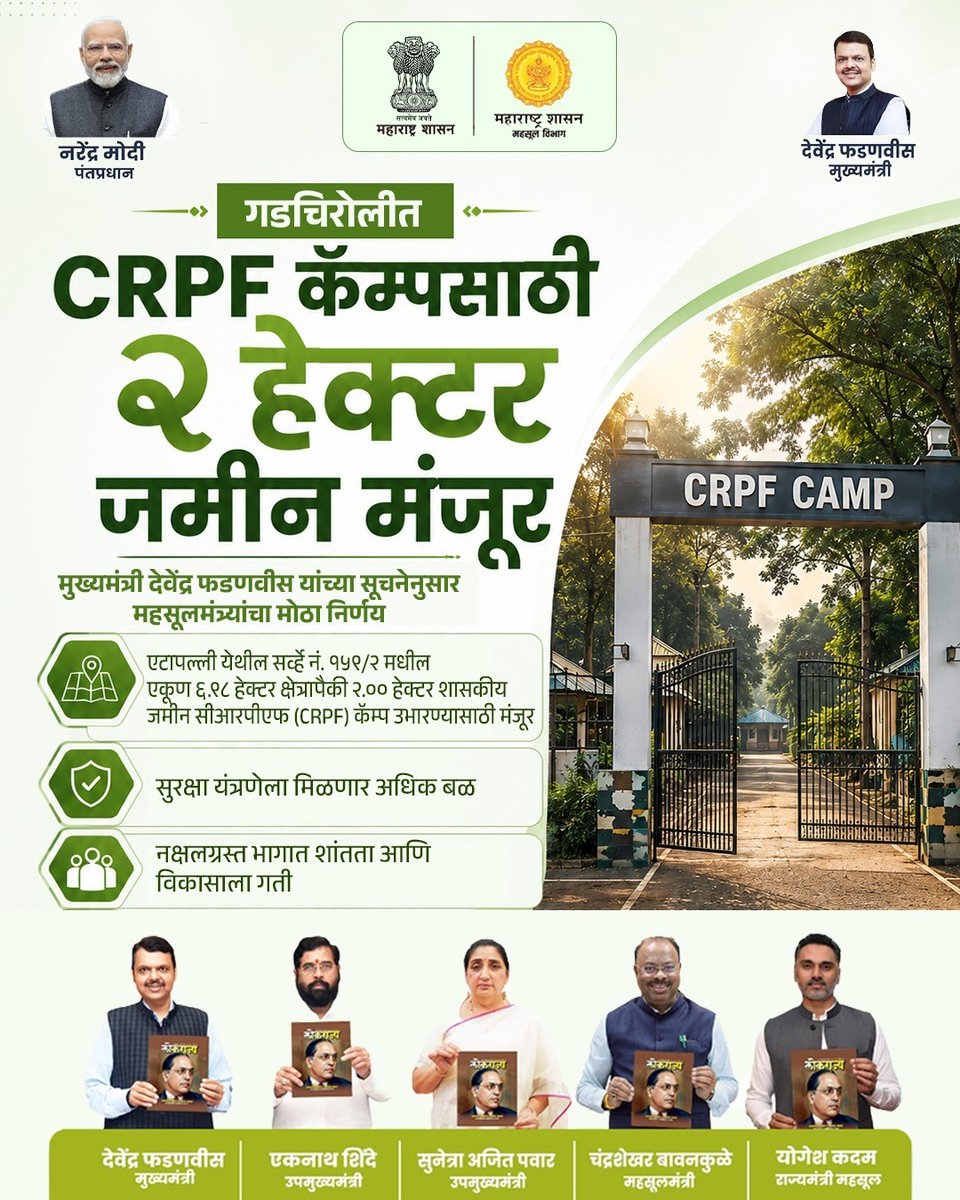 maharevenue's tweet photo. गडचिरोलीत CRPF कॅम्पसाठी २ हेक्टर जमीन मंजूर
मुख्यमंत्री देवेंद्र फडणवीस यांच्या सूचनेनुसार महसूलमंत्र्यांचा मोठा निर्णय.
#Gadchiroli #CRPF #SecurityInfrastructure #RevenueDepartment #Maharashtra #DevendraFadnavis #ChandrashekharBawankule #MaharashtraGovernment #PublicSafety https://t.co/YESO4z9UFH