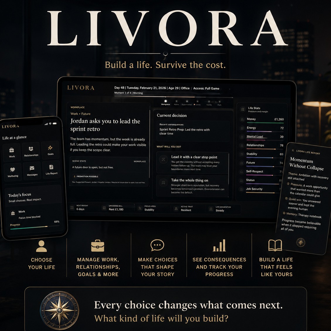 ShiftTheStory0's tweet photo. A modern life simulation game about choices, trade-offs, and the story your decisions create over time. Visit the LIVORA landing page to watch the overview, explore the game, and learn more.