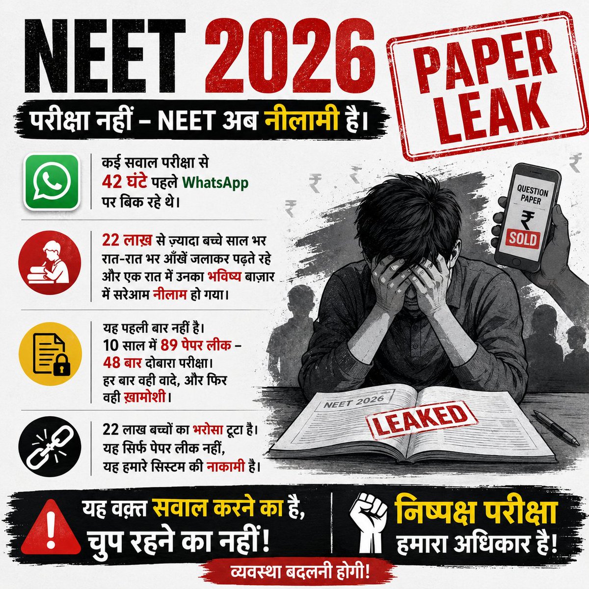 AmitaBhushan1's tweet photo. आज फिर देश के 23 लाख होनहार युवाओं के सपने धुंधले पड़ गए हैं। पेपर लीक का यह अंतहीन सिलसिला भाजपा सरकार की प्रशासनिक विफलता और संवेदनहीनता का सबसे बड़ा प्रमाण है।
क्या 'डबल इंजन' की सरकारों में इतनी भी क्षमता नहीं बची कि एक परीक्षा बिना धांधली के संपन्न करा सकें?

दोबारा परीक्षा होने का मतलब है—लाखों परिवारों पर आर्थिक बोझ और छात्रों के मानसिक स्वास्थ्य के साथ क्रूर मजाक। क्या प्रधानमंत्री जी ने कभी उन अभिभावकों के दर्द को महसूस किया है जो पाई-पाई जोड़कर अपने बच्चों को पढ़ाते हैं?
दिखावटी जांच और 'इवेंट मैनेजमेंट' के बजाय सरकार को आत्मनिरीक्षण करने की जरूरत है। सत्ता के संरक्षण में पनप रहे 'पेपर लीक माफिया' पर नकेल कसने में यह सरकार पूरी तरह फेल साबित हुई है।
कांग्रेस पार्टी मांग करती है कि इस पूरे प्रकरण की जवाबदेही तय हो और दोषियों को ऐसी सजा मिले जो नजीर बने। हम देश के छात्रों के साथ कंधे से कंधा मिलाकर खड़े हैं और उनके न्याय के लिए सड़क से संसद तक लड़ते रहेंगे। ✋🇮🇳

#NEET2026 #PaperLeak
