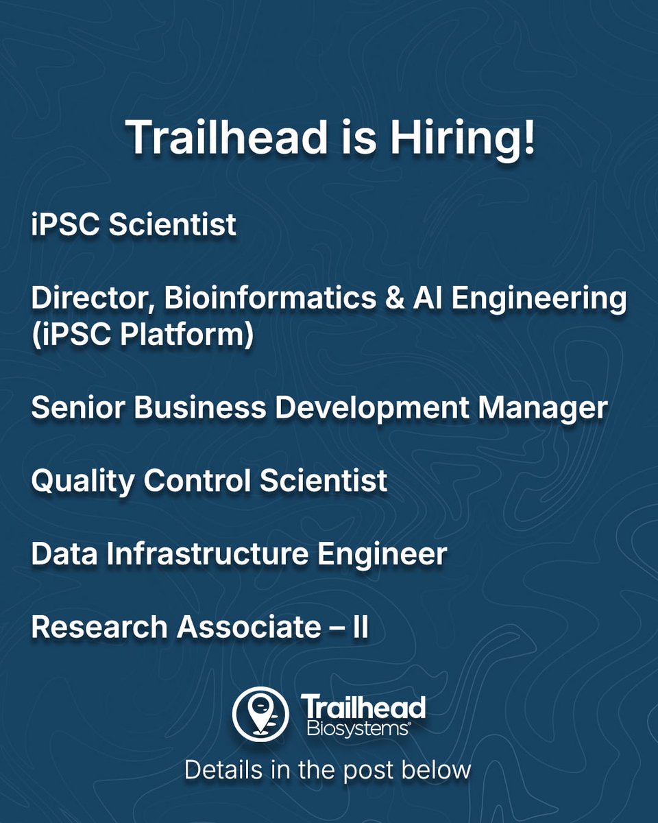 TrailBio's tweet photo. We are currently looking to fill the following roles:

iPSC Scientist
Director, Bioinformatics &amp; AI Engineering (iPSC Platform)
Senior Business Development Manager
Quality Control Scientist
Data Infrastructure Engineer
Research Associate – II

https://t.co/ubU5ZrKLwk https://t.co/bXKcBA8kAX