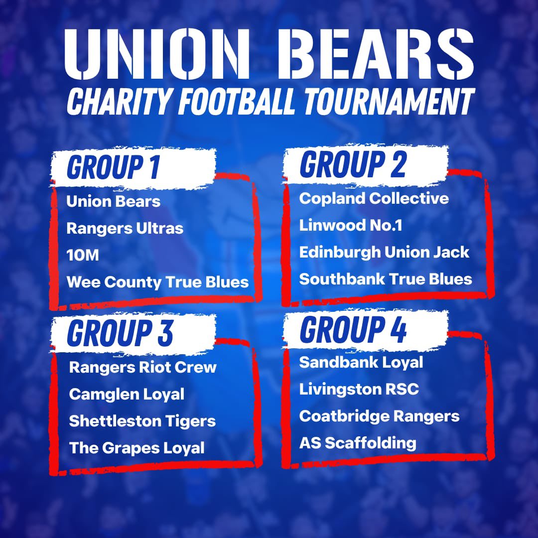 UnionBears_07's tweet photo. Groups have now been drawn for the Union Bears Annual Charity Football Tournament 2026, which will take place on 30th May @ Somervell Park, Cambuslang. Tickets £5, kids go free. 

https://t.co/0uy02QrEo9 https://t.co/yg0L2EtrBt