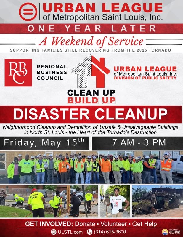 ulstl's tweet photo. This coming weekend, the Urban League of Metropolitan St. Louis, Inc. will bring our community together for “One Year Later: A Weekend of Service” — supporting families and neighborhoods still recovering from the devastating 2025 tornado. https://t.co/ZdZFlHeHcB